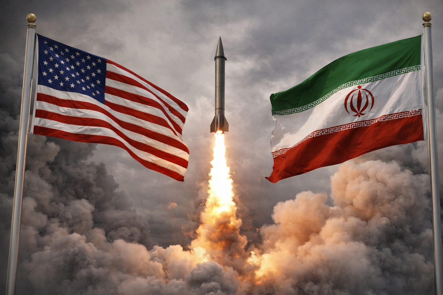 Lanzamiento de misil entre banderas de Estados Unidos e Irán en un contexto de tensión geopolítica.