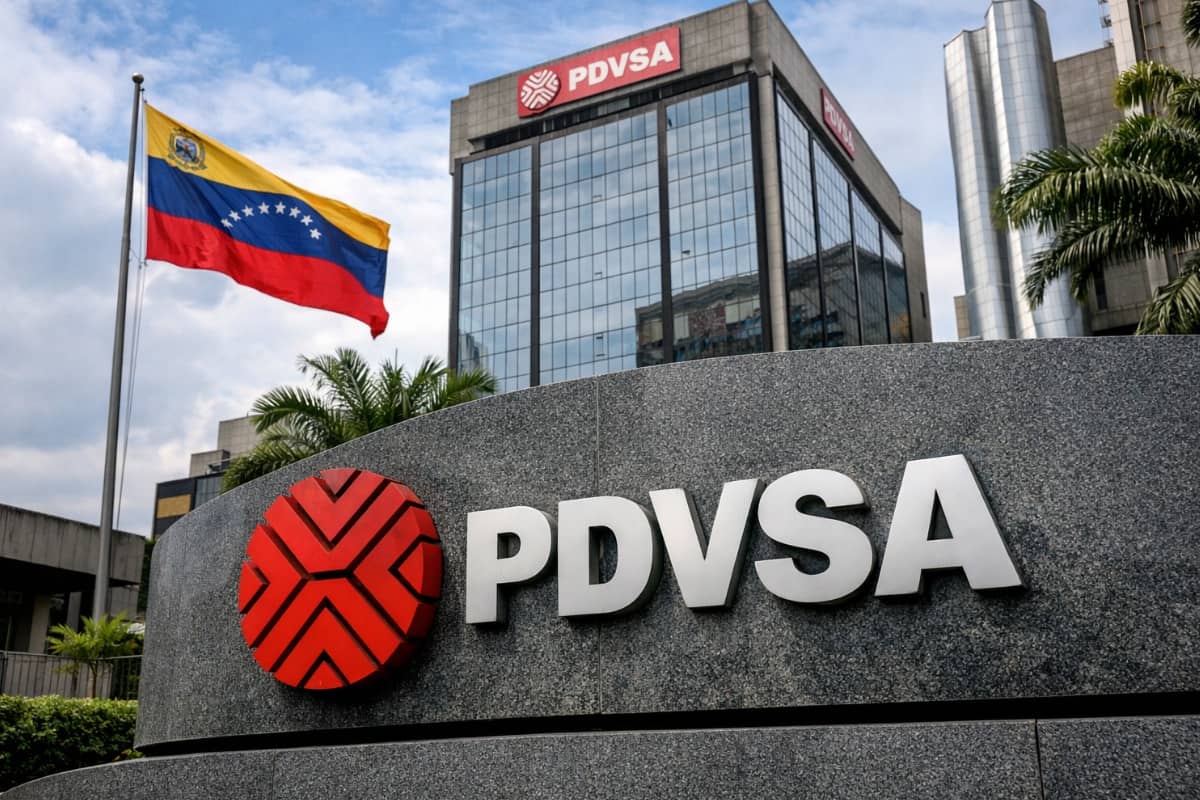 Fachada de la sede de PDVSA en Caracas con el logo de la petrolera venezolana y la bandera de Venezuela ondeando al fondo